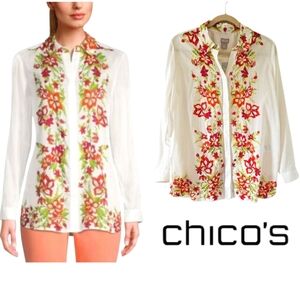 Chico's Silk Blend Bright Floral Western Boho Button Up Long Sleeve Top Large